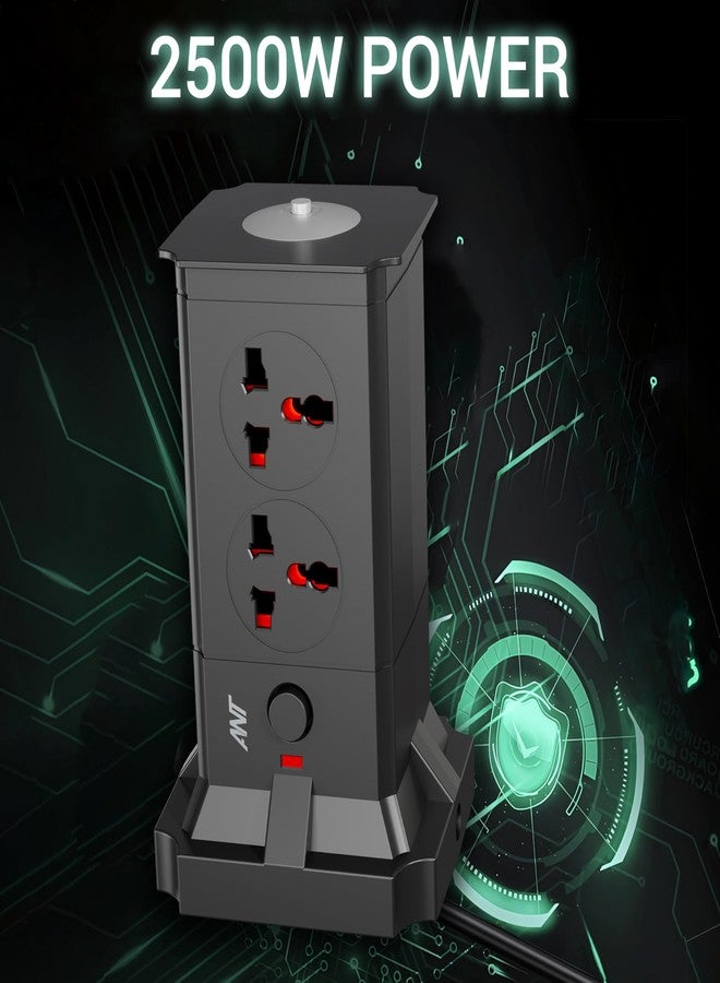 انت موزع طاقة Ant Pulse Tower | لوحة تمديد | حماية من زيادة التيار | منافذ متعددة | 4 منافذ تيار متردد، منفذي USB (2.1 أمبير) + منفذي Type-C | 2500 واط / 10 أمبير | إضاءة ليلية LED علوية | مفتاح واحد | غطاء أمان للأطفال - أسود - Image 4